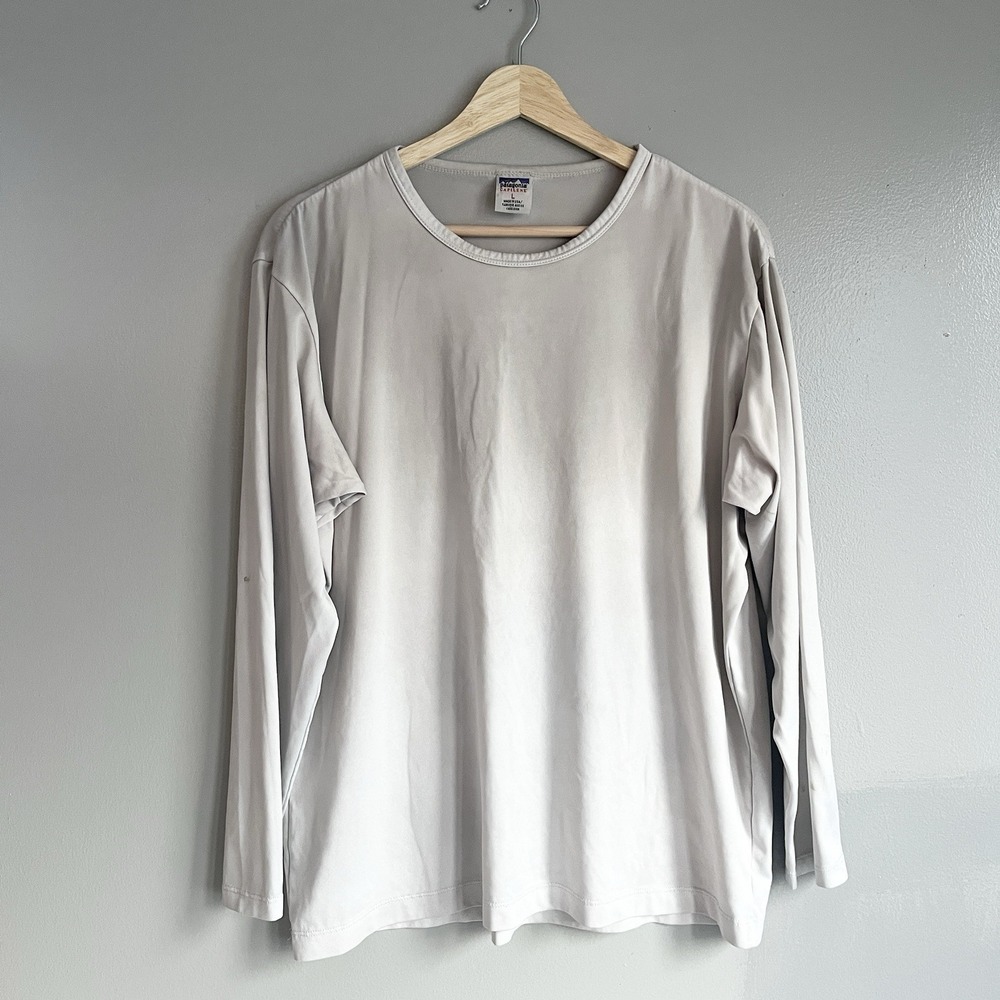 Vintage Patagonia Capilene Base Layer Long Sleeve Shirt Beige Gray USA L *Stains